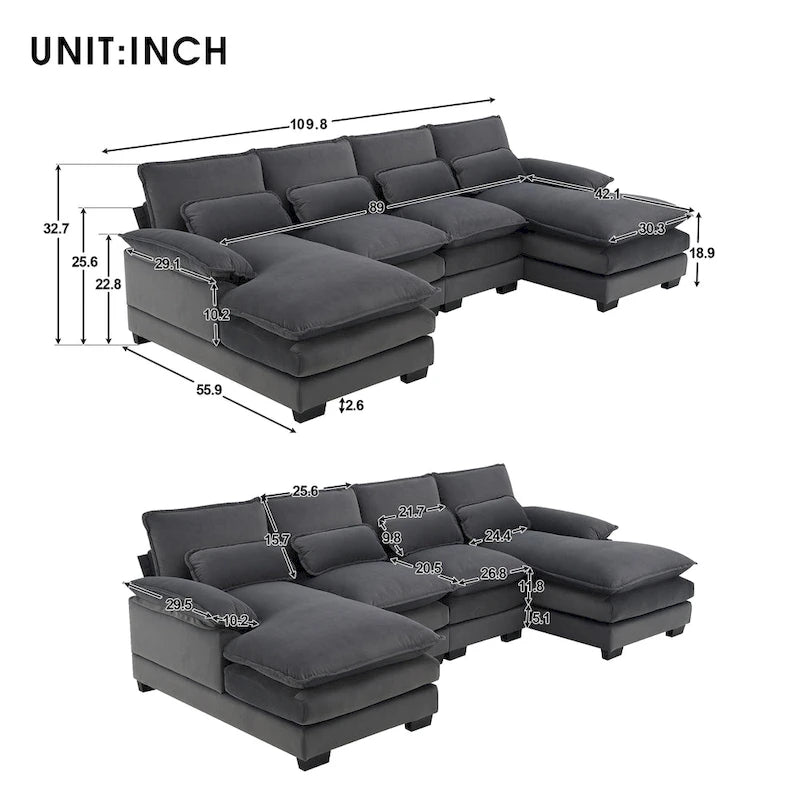 Canapé d'angle modulable en U convertible 6 places contemporain en tissu