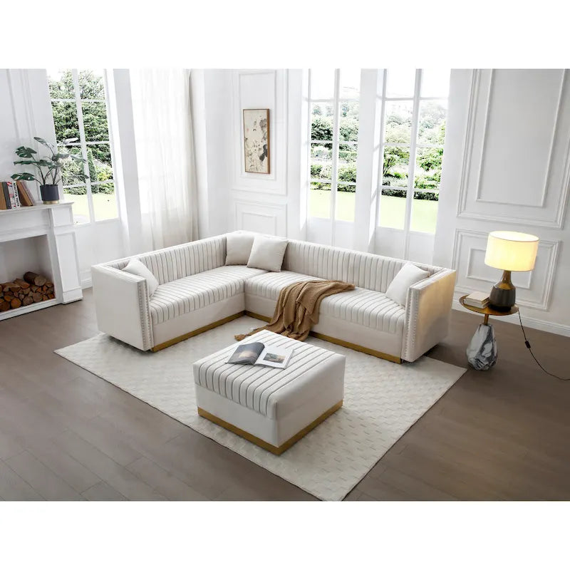 Beige Velvet Tufted L - Shaped Sectional Sofa with Ottoman and 4 Pillows