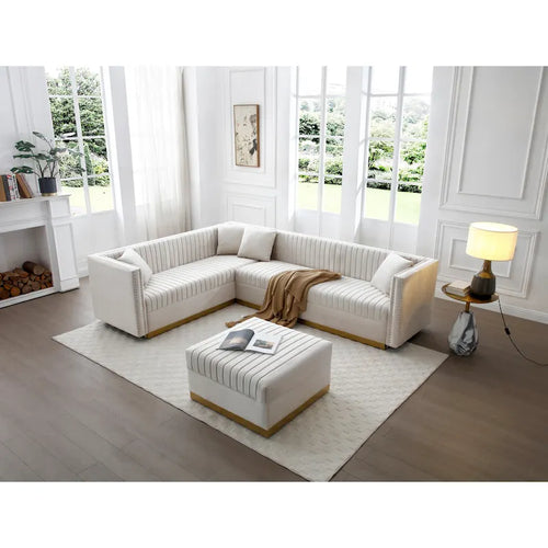 Beige Velvet Tufted L - Shaped Sectional Sofa with Ottoman and 4 Pillows