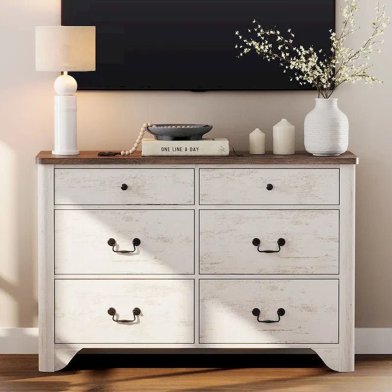 Farmhouse Dresser TV Stand with 6 Drawers for TVs up to 55 Inch,Wood Entertainment Center with Storage