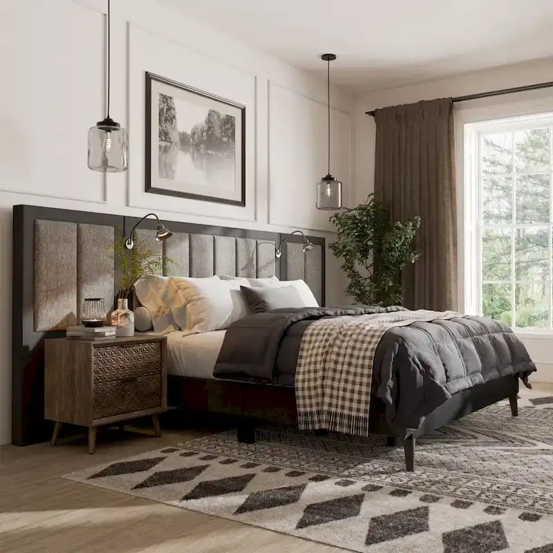 Furniture of America Modern Dark Brown Extended Wall Panel Bed with Reading Lights