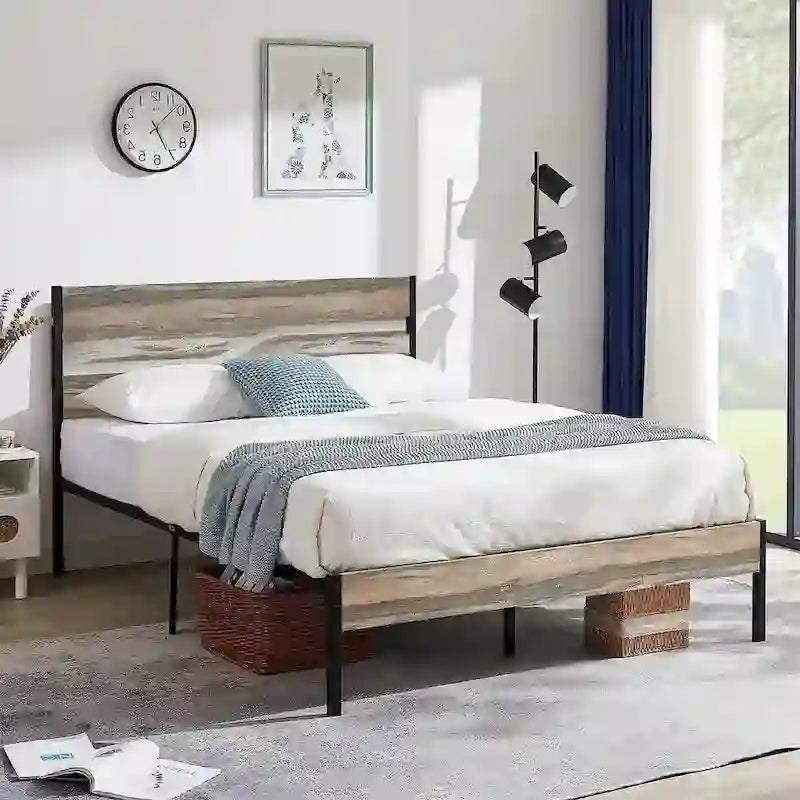 Industrial Metal Bed Frame with Wood Headboard,Twin/Full/Queen Bed Platform Metal Bedframe No Box Spring Needed,Slate