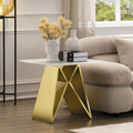 Table d'appoint en verre trempé blanc avec une base miroir en forme de M