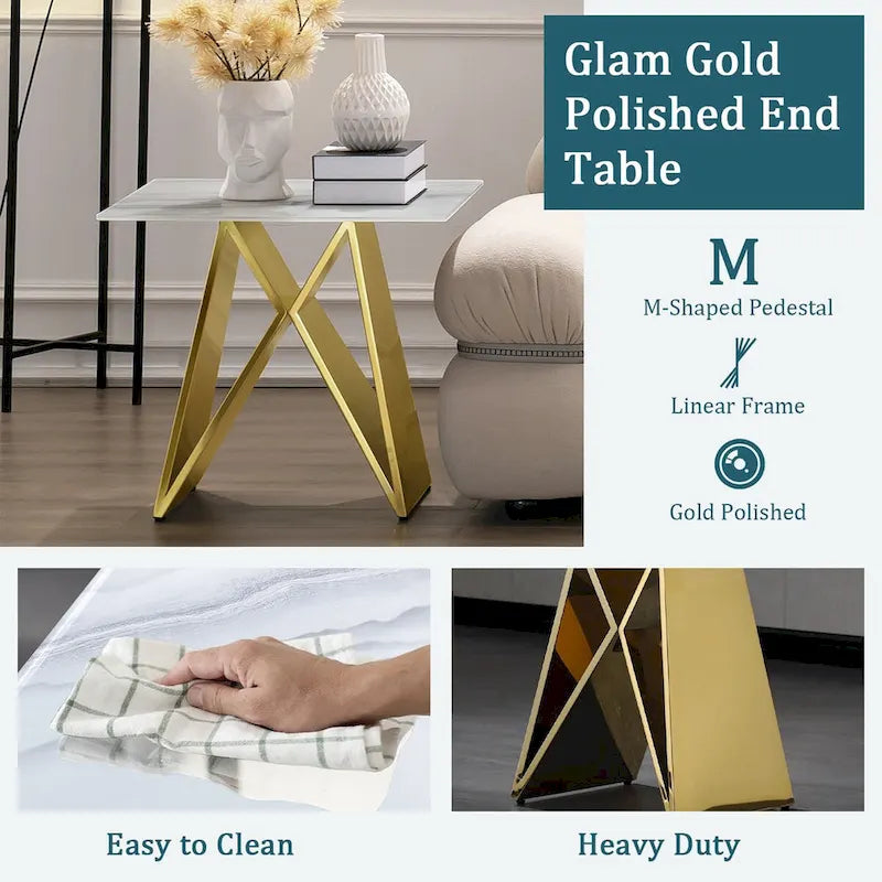 Table d'appoint en verre trempé blanc avec une base miroir en forme de M