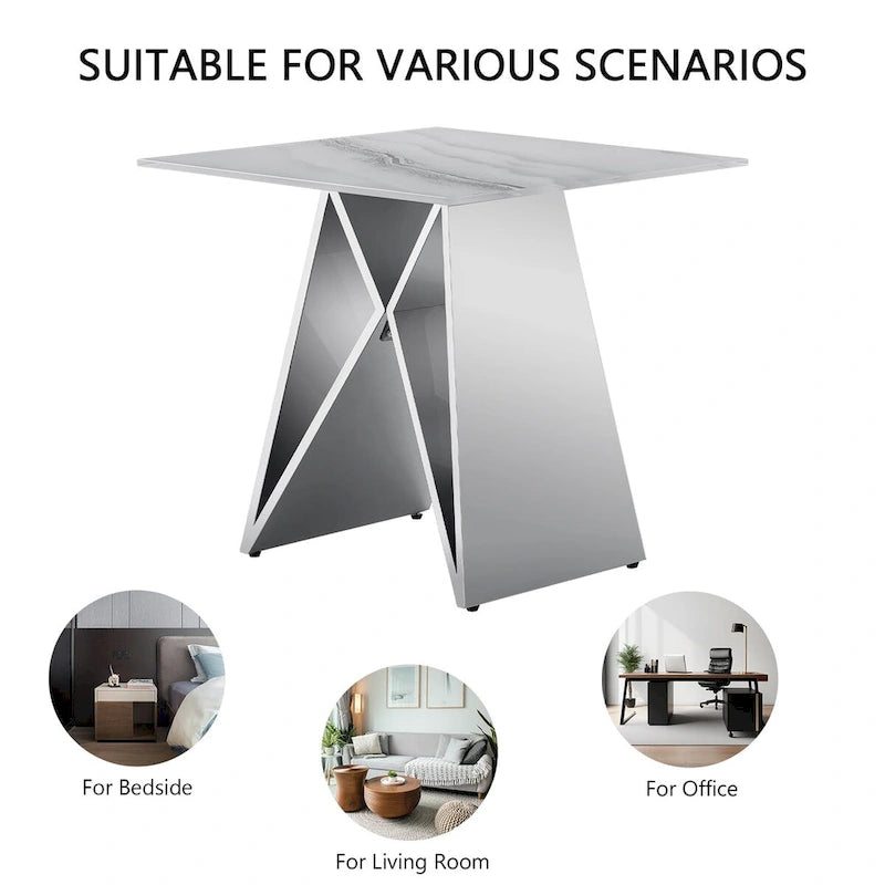 Table d'appoint en verre trempé blanc avec une base miroir en forme de M