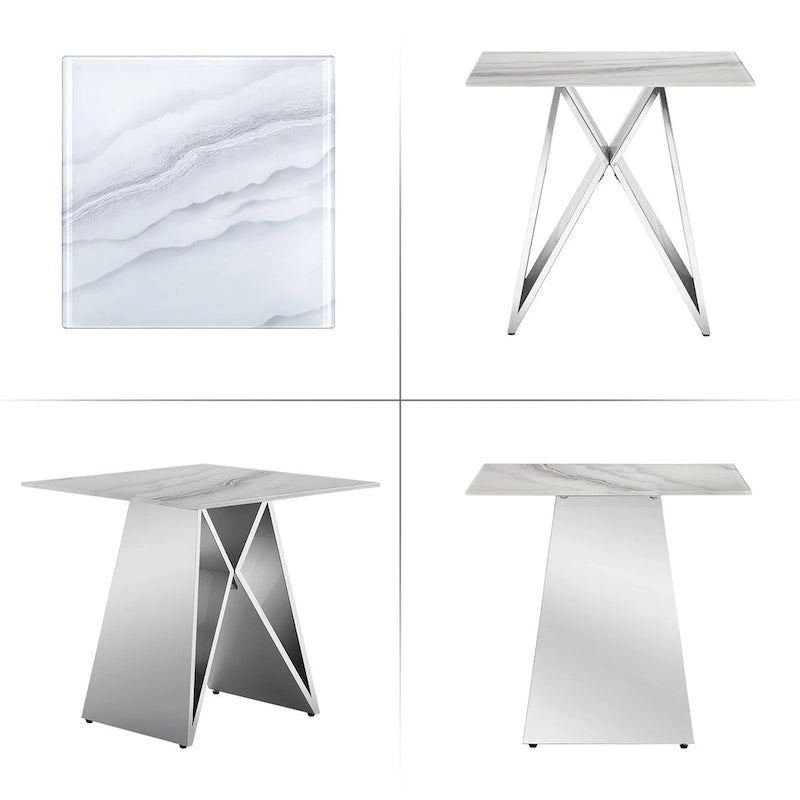 Table d'appoint en verre trempé blanc avec une base miroir en forme de M