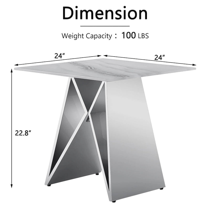 Table d'appoint en verre trempé blanc avec une base miroir en forme de M