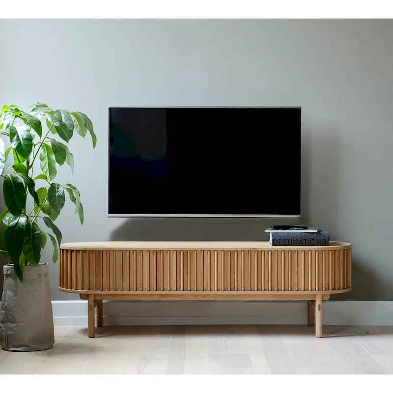 Rye Studio Mid - Century Modern Rounded Sliding Door TV Lowboard,63W,Natural - 18W x 63L x 19H