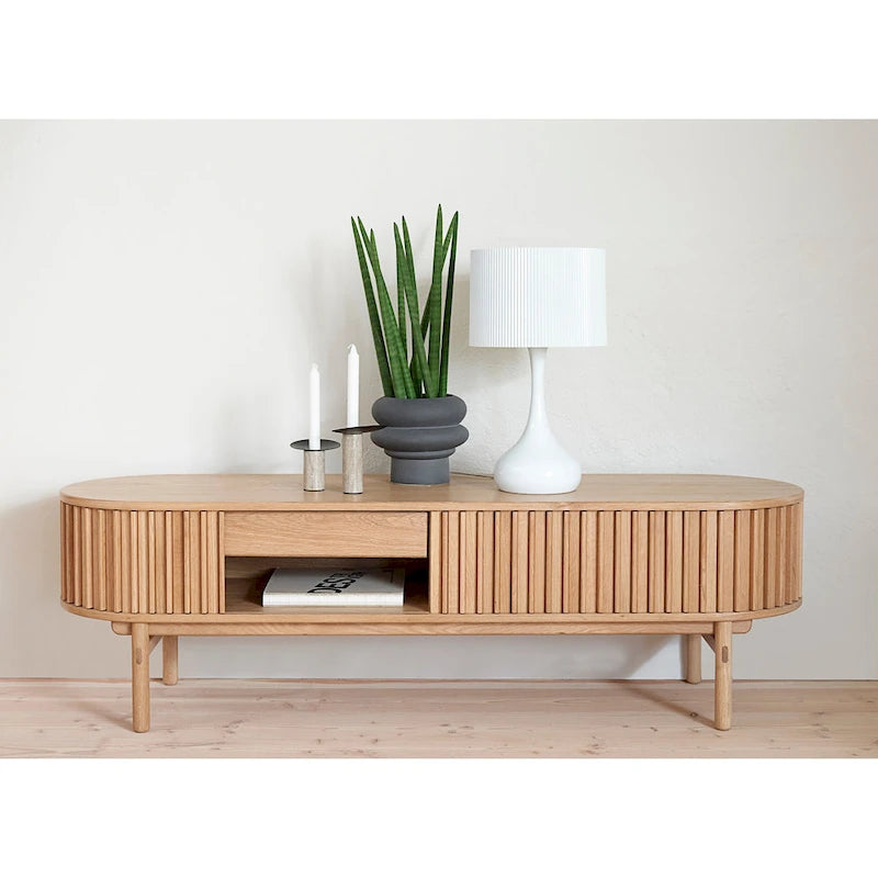 Meuble TV coulissant aux coins arrondis de style médiéval moderne