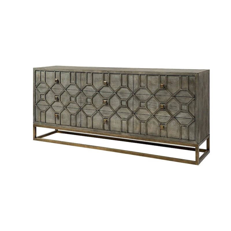 Placage de cèdre gris, cadre en métal doré, armoire latérale à neuf tiroirs