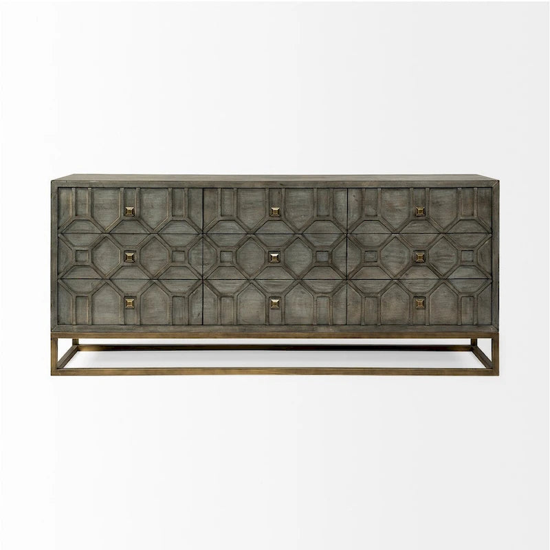 Placage de cèdre gris, cadre en métal doré, armoire latérale à neuf tiroirs