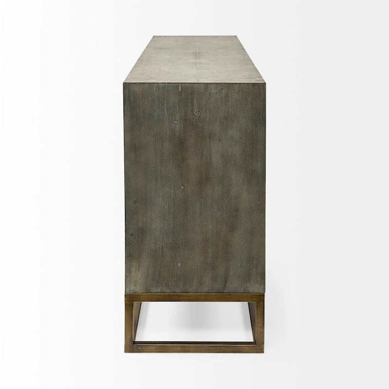 Placage de cèdre gris, cadre en métal doré, armoire latérale à neuf tiroirs