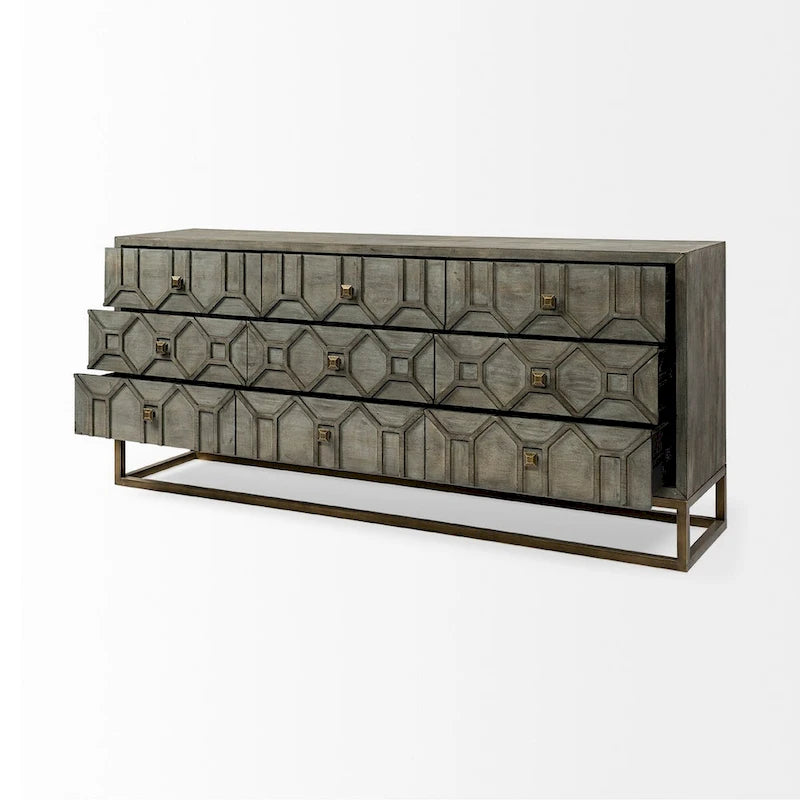 Placage de cèdre gris, cadre en métal doré, armoire latérale à neuf tiroirs