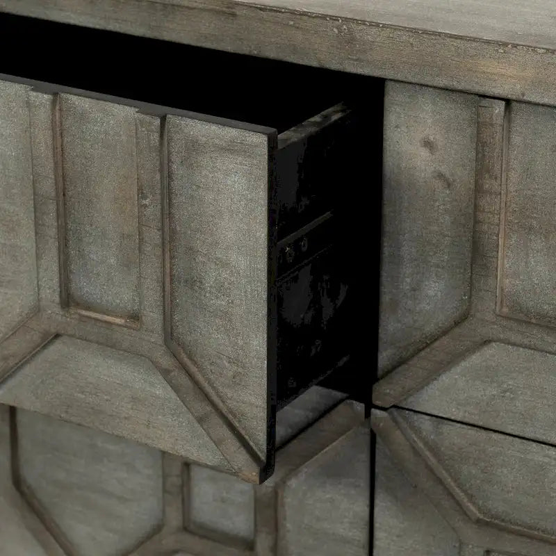 Placage de cèdre gris, cadre en métal doré, armoire latérale à neuf tiroirs