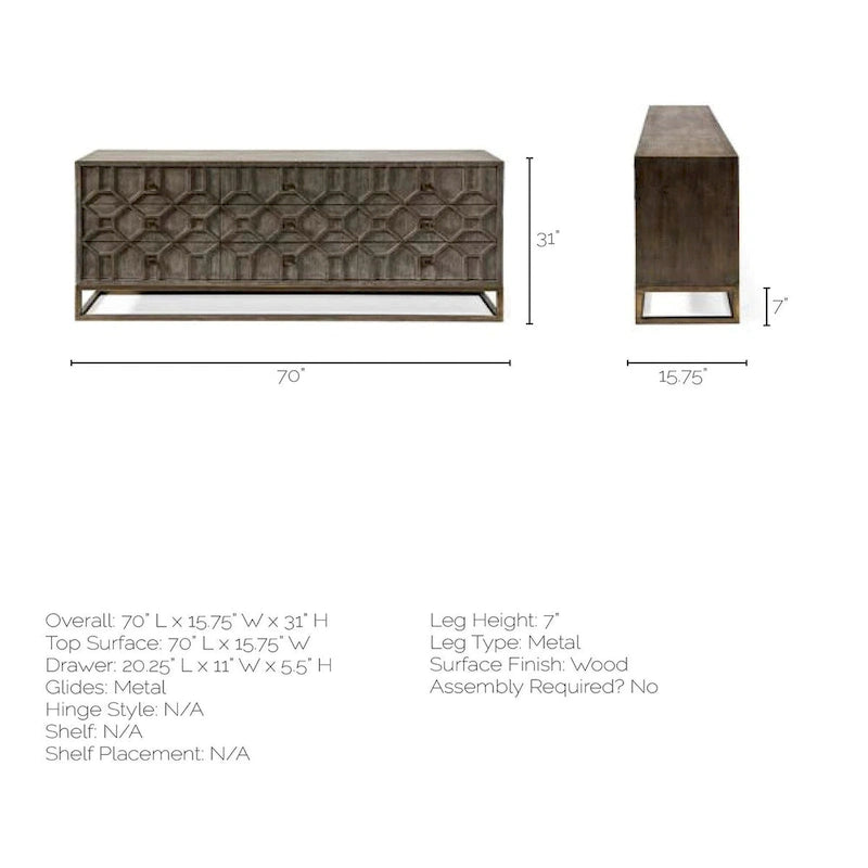 Placage de cèdre gris, cadre en métal doré, armoire latérale à neuf tiroirs