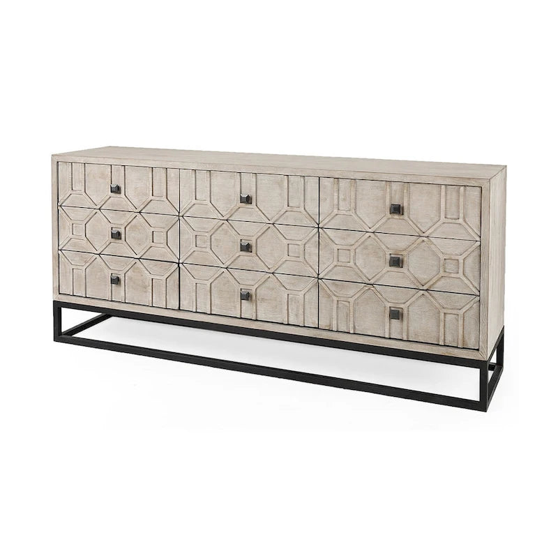 Placage de cèdre gris, cadre en métal doré, armoire latérale à neuf tiroirs