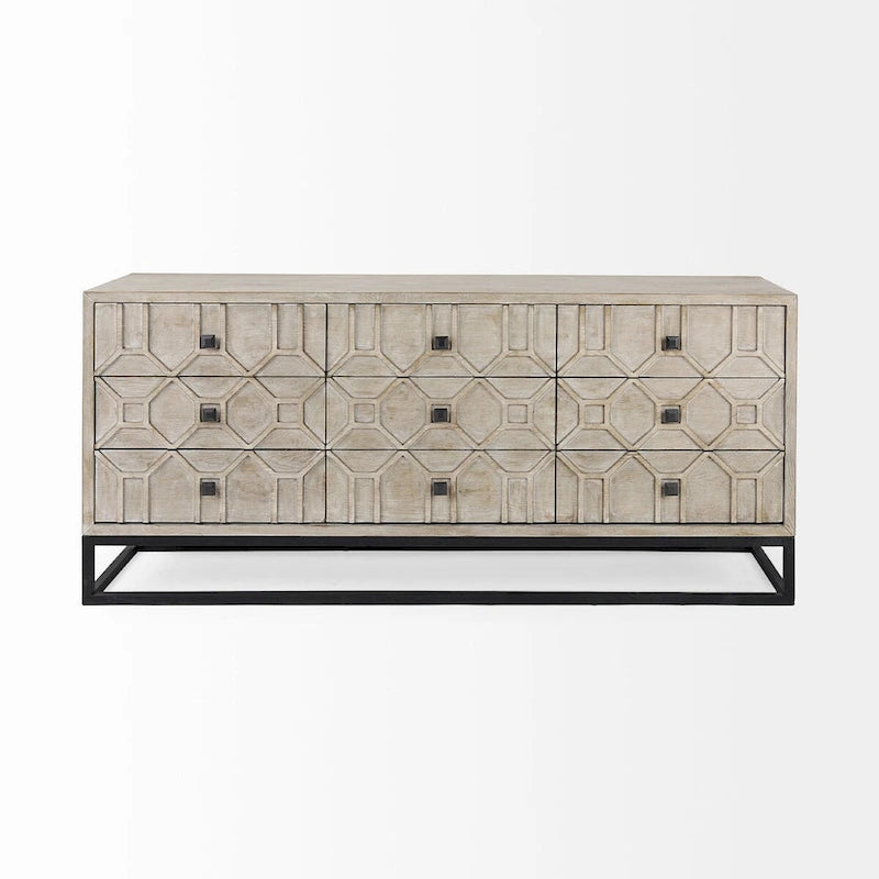 Placage de cèdre gris, cadre en métal doré, armoire latérale à neuf tiroirs