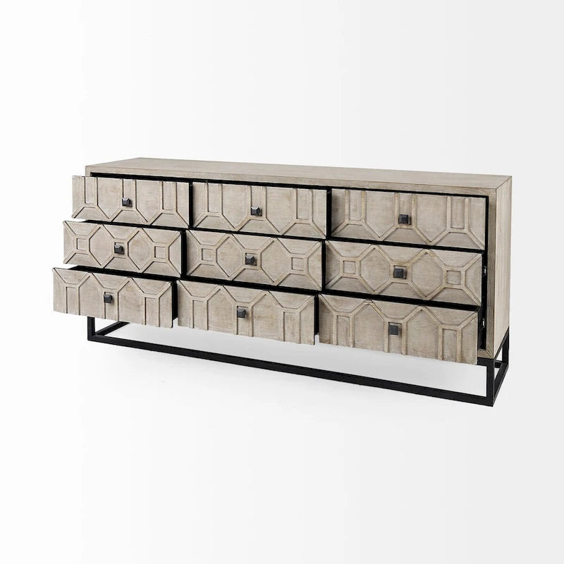 Placage de cèdre gris, cadre en métal doré, armoire latérale à neuf tiroirs