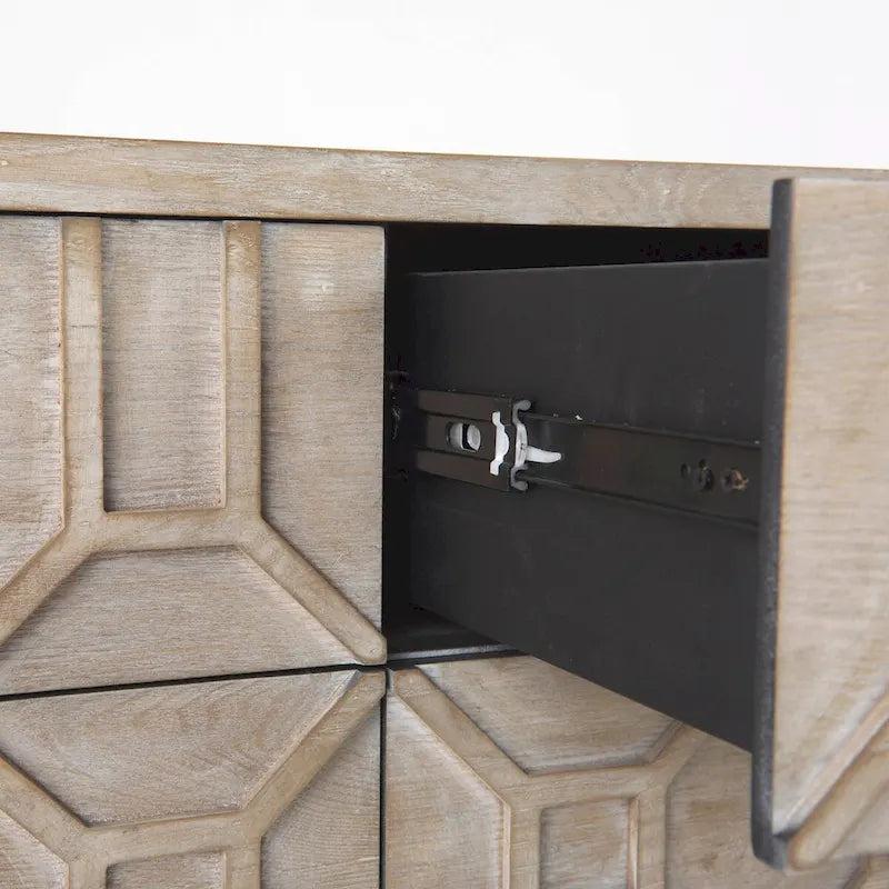 Placage de cèdre gris, cadre en métal doré, armoire latérale à neuf tiroirs